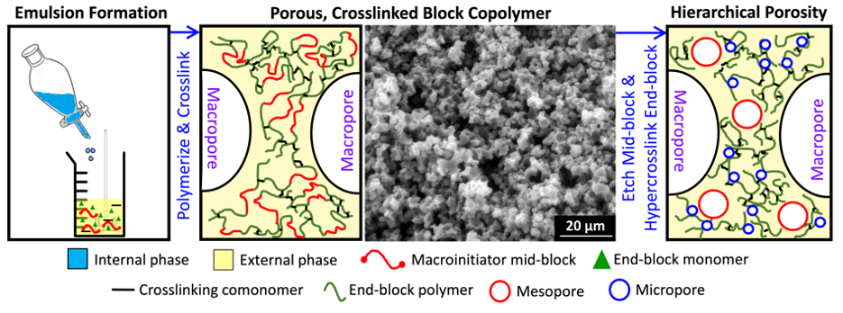Hierarchical Porosity in Emulsion-templated Triblock Copolymer-like Structures: Mid-block Degradation and End-block Hypercrosslinking